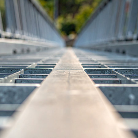 A low-angle, selective focus shot captures the journey forward along a galvanized steel walkway.の素材