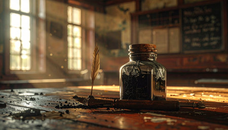 Sunlight streams through the windows of a quiet, historic study, illuminating a classic feather quill and glass inkwell on a worn wooden desk.の素材