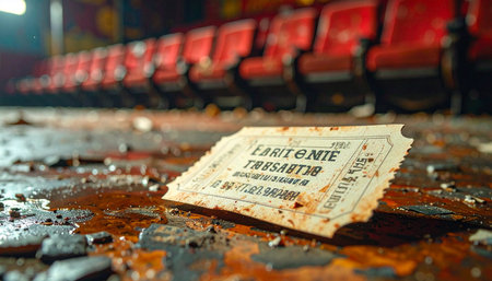 A single, weathered ticket lies on the debris-strewn floor of a long-forgotten theater.の素材