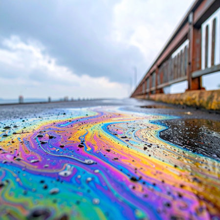 A vibrant, psychedelic rainbow of colors from an oil slick spreads across the wet asphalt of a bridge on a gloomy, rainy day.の素材