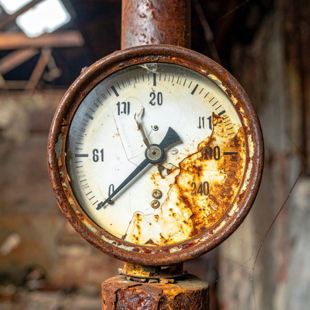 A close-up of a forgotten pressure gauge, its face stained and casing consumed by rust.の素材