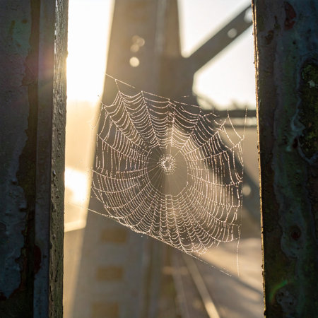 A delicate spiderweb, adorned with morning dew, catches the first golden rays of sunrise. The intricate design glows, a testament to nature's quiet artistry and the promise of a new day.の素材