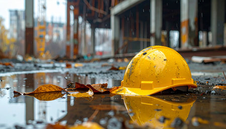 A lone yellow hard hat lies forgotten in a rain-filled puddle on a construction site, its reflection mirroring the skeletal frame of the unfinished building.の素材