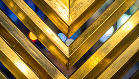 Gleaming gold chevrons form a dynamic, repeating pattern, reflecting a vibrant city nightscape of blurred bokeh lights.の素材