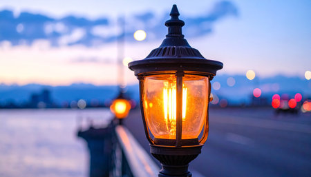 A classic street lamp casts a warm, inviting glow along a quiet waterfront as twilight settles over the city.の素材
