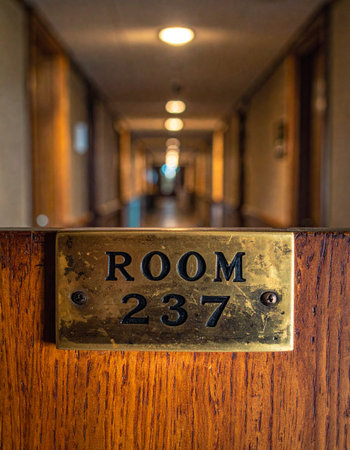 A weathered brass plaque for Room 237 marks a wooden door, its numbers holding a sinister secret.の素材