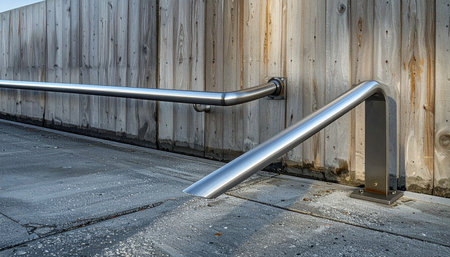 A sleek, modern stainless steel handrail provides a clean, guiding line against the textured, weathered surface of a vertical wooden wall.の素材