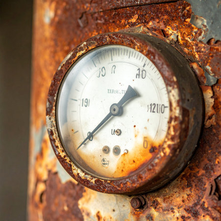 A close-up of a forgotten pressure gauge, its face clouded and its casing consumed by deep orange rust.の素材