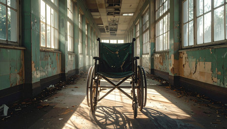 An empty wheelchair sits alone in a long, sun-drenched corridor of a forgotten institution.の素材