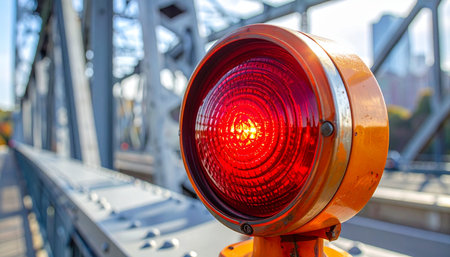 A bright red warning light glows intensely in the daylight, mounted on the steel truss of a city bridge.の素材