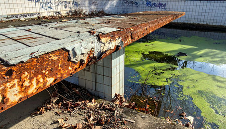 A close-up view captures the severe decay of a forgotten swimming pool. A heavily rusted platform, its surface peeling away, juts out over stagnant, green water thick with algae.の素材