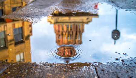 After a downpour, a city street transforms into a canvas. A puddle on the weathered cobblestones perfectly mirrors a historic building, its illuminated facade rippling with every drop.の素材