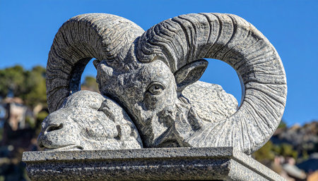 A powerful stone ram with magnificent curved horns stands as a timeless guardian, watching over a smaller lamb resting peacefully by its side.の素材