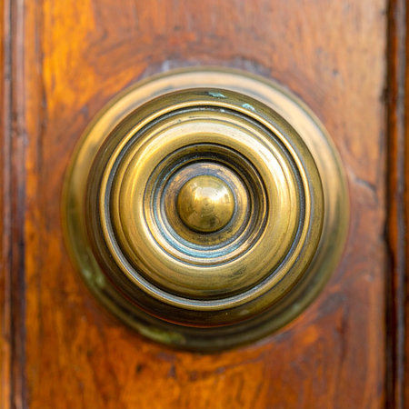 A close-up view of a classic, polished brass doorknob set against the warm, aged grain of a wooden door.の素材