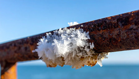 In the crisp winter air by the sea, delicate ice crystals bloom in a stunning formation on a weathered, rusty railing.の素材