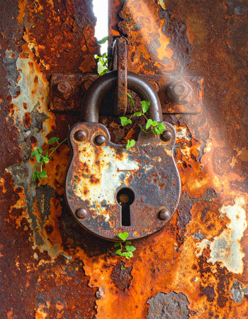 A close-up of a heavily rusted padlock, a symbol of forgotten security, is being reclaimed by nature.の素材