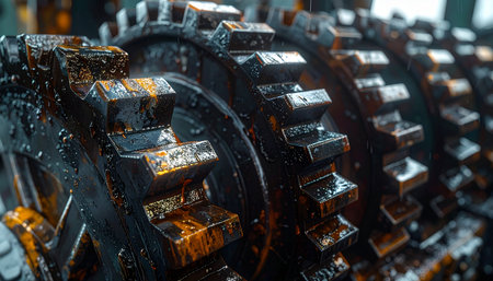 A close-up view reveals the intricate and powerful heart of a massive machine. Heavy-duty gears, coated in a thick layer of oil and showing signs of rust, stand ready for action.の素材