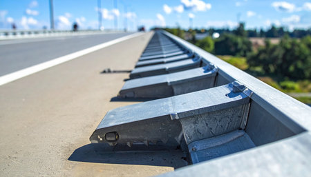 A low-angle, detailed view along a modern highway bridge guardrail on a bright, sunny day.の素材