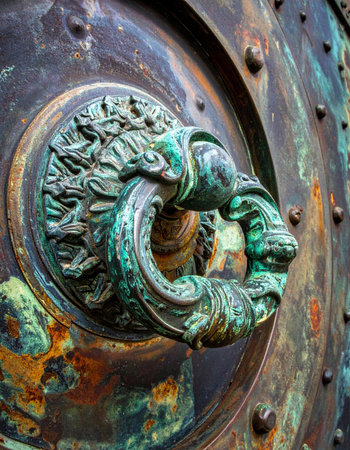 A close-up of an ancient bronze lion head door knocker, its surface transformed by a rich green patina over centuries.の素材