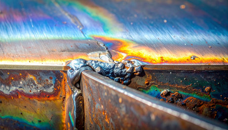 A macro view captures the stunning, psychedelic rainbow of colors created by extreme heat on a metal weld.の素材