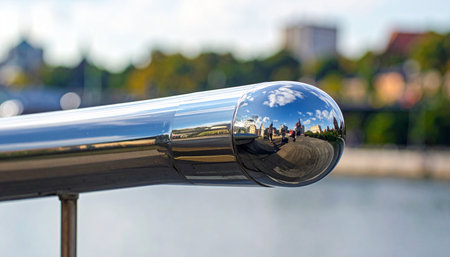 A polished chrome handrail gleams in the daylight, its smooth, curved surface capturing a distorted reflection of the bustling city and tranquil waters beyond.の素材