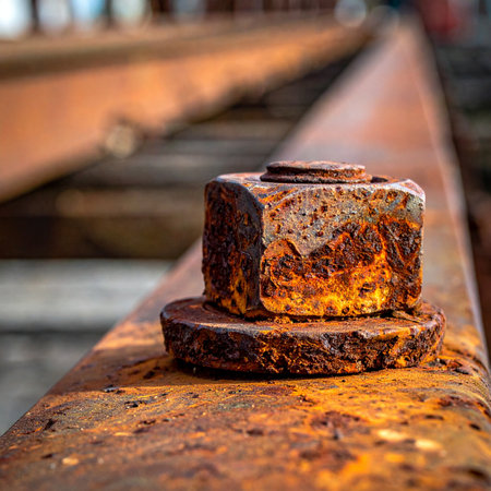 A macro shot captures the intricate texture of a heavily corroded nut and bolt, a silent testament to years of exposure to the elements.の素材