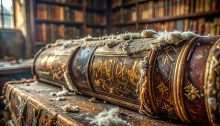 In the quiet depths of a forgotten library, ancient tomes lie dormant, their ornate covers veiled in a thick blanket of dust and time.の素材