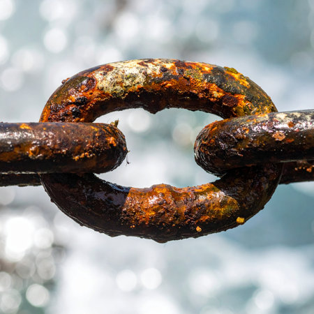 A macro shot captures the intricate texture of a heavily rusted chain link, its surface a testament to time and the elements.の素材