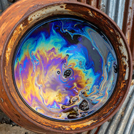 A mesmerizing yet cautionary display of vibrant, psychedelic colors swirls on the surface of water within a rusty industrial barrel.の素材