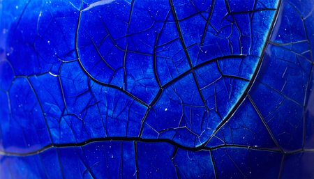 A macro view reveals the intricate network of cracks in a deep blue glaze. Each line tells a story of time and pressure, creating a beautiful, web-like pattern that is both fragile and resilient.の素材