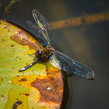 A moment of tranquility in the wild as an iridescent dragonfly pauses on the edge of a colorful lily pad.の素材