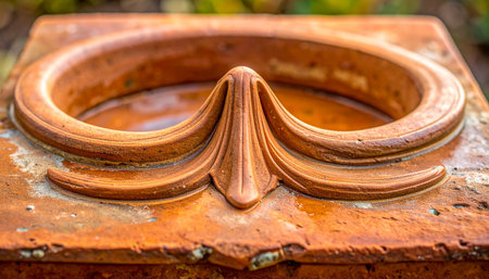 A close-up reveals the intricate craftsmanship of a weathered terracotta architectural ornament.の素材
