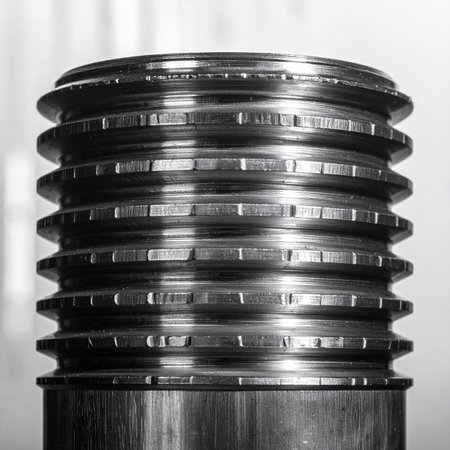 A detailed macro view captures the intricate, repeating grooves of a precision-machined metal screw.の素材