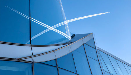 The sleek, curved glass facade of a modern corporate building reflects a clear blue sky.の素材