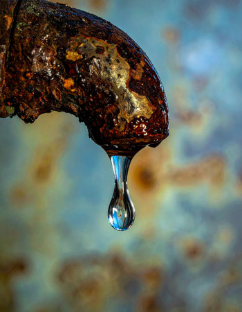 A single, crystal-clear drop of water emerges from a heavily corroded and rusted pipe, symbolizing purity amidst decay.の素材