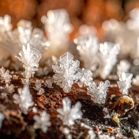 In the quiet chill of a winter morning, a cluster of perfectly formed snowflakes rests delicately on a textured surface.の素材