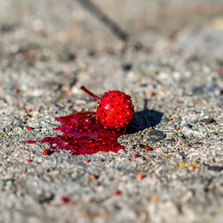 A single, vibrant red cherry lies crushed on the rough, grey concrete, its sweet juice creating a dramatic splatter.の素材