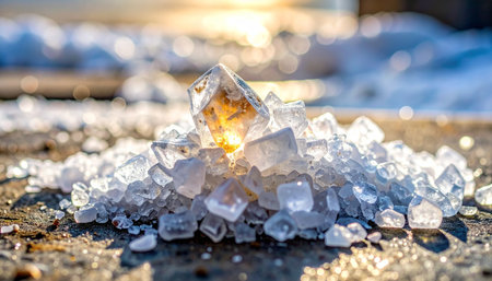 A magnificent, large salt crystal glows with a warm, golden light as it rests upon a bed of raw, natural sea salt.の素材