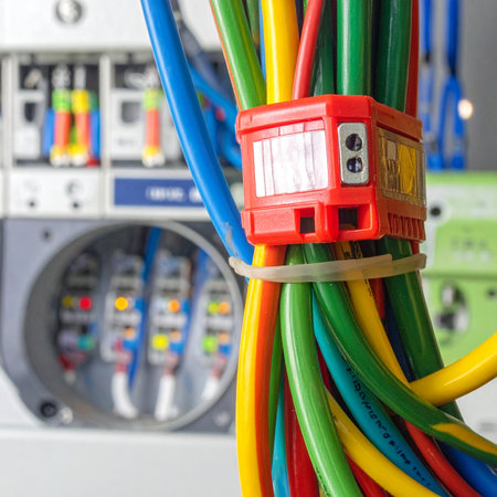 A tightly bundled group of colorful electrical cables is neatly organized within a complex control panel, showcasing the precision and order required for modern power distribution and industrial auto.の素材