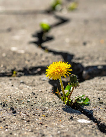 Against all odds, a single bright yellow dandelion finds a way to bloom, pushing through a deep crack in the urban pavement.の素材