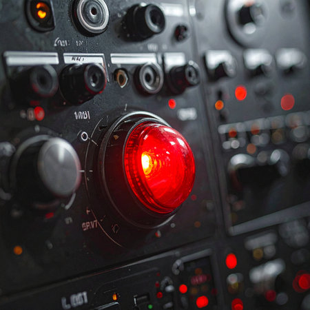 In the heart of a complex control room, a single red light glows with intense urgency.の素材