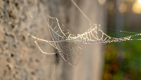 A delicate spiderweb, a masterpiece of natural engineering, catches the morning light.の素材