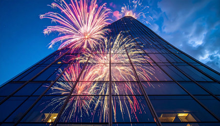 A stunning display of colorful fireworks bursts across the night sky, its brilliant light and patterns mirrored perfectly on the sleek glass facade of a modern skyscraper.の素材