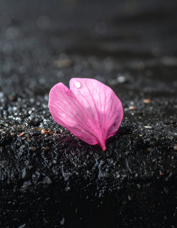 A single, delicate pink flower petal rests upon a dark, textured surface, holding a solitary, glistening water droplet.の素材