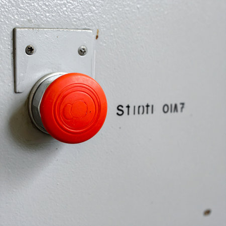 A close-up view of a bright red emergency stop button on a gray industrial control panel.の素材