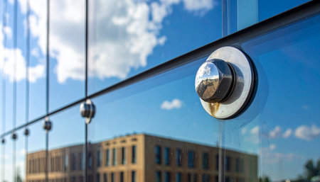 A detailed close-up captures the precision engineering of a modern glass facade.の素材