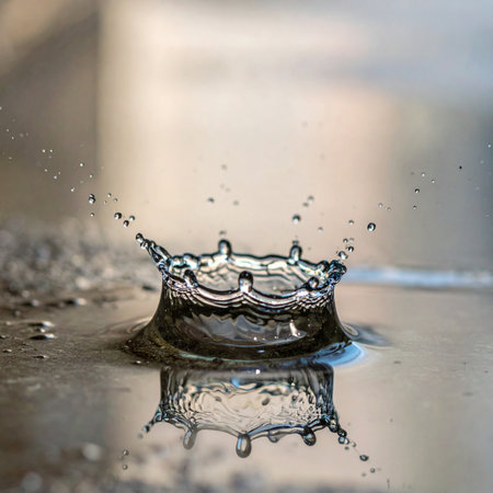 A single, crystal-clear water droplet makes impact, freezing a perfect moment in time.の素材