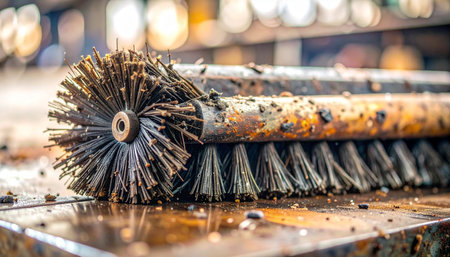 A close-up view of a well-used industrial cleaning brush resting on a production line.の素材