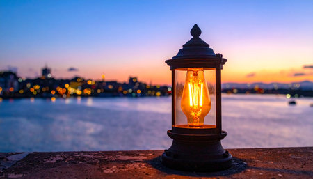 As twilight paints the sky in shades of orange and blue, a vintage lantern casts a warm, inviting glow over the tranquil harbor.の素材