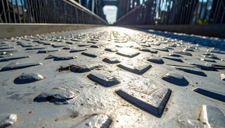 A low-angle perspective shot captures the rugged texture of a steel bridge walkway.の素材